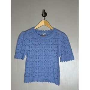 Sam Edelman Blue Pointelle Knit Scalloped Short Sleeve Sweater XS
